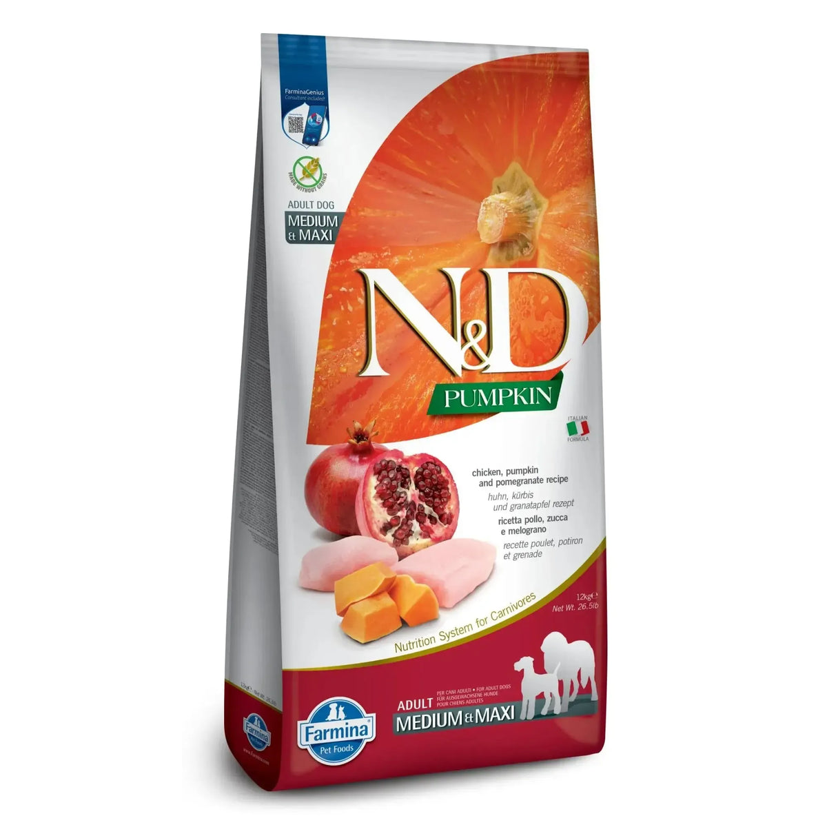 12kg bag of Farmina N&D Pumpkin grain-free dog food featuring chicken and pomegranate imagery on a white background.