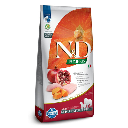12kg bag of Farmina N&D Pumpkin grain-free dog food featuring chicken and pomegranate imagery on a white background.