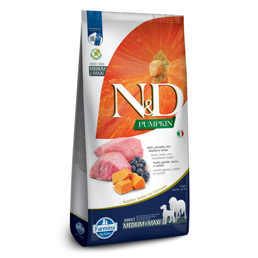 12kg bag of Farmina N&D Pumpkin Lamb and Blueberry adult dog food for medium and maxi breeds.