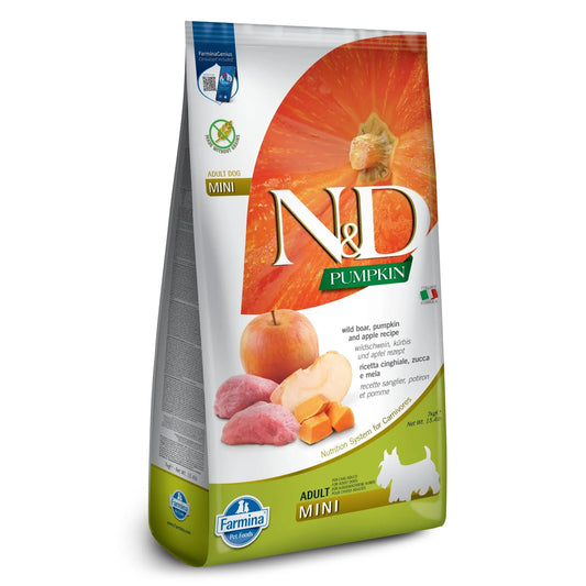 7kg bag of Farmina N&D Pumpkin grain-free adult mini dog food featuring boar and apple imagery on white packaging.