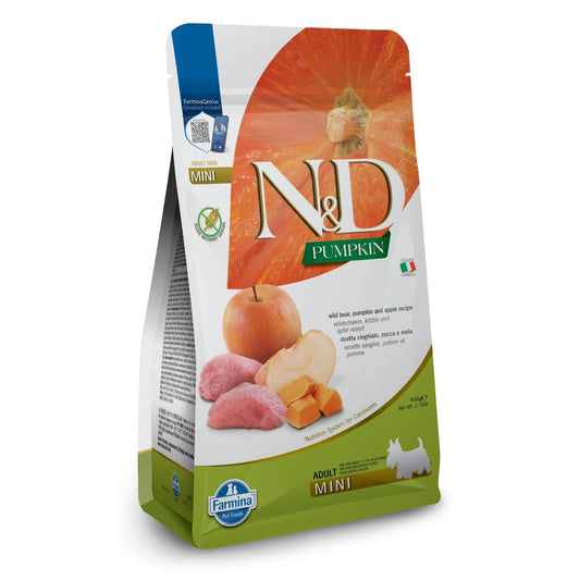 800g bag of N&D Pumpkin Adult Mini dog food featuring boar and apple imagery on a white and green stand-up pouch.