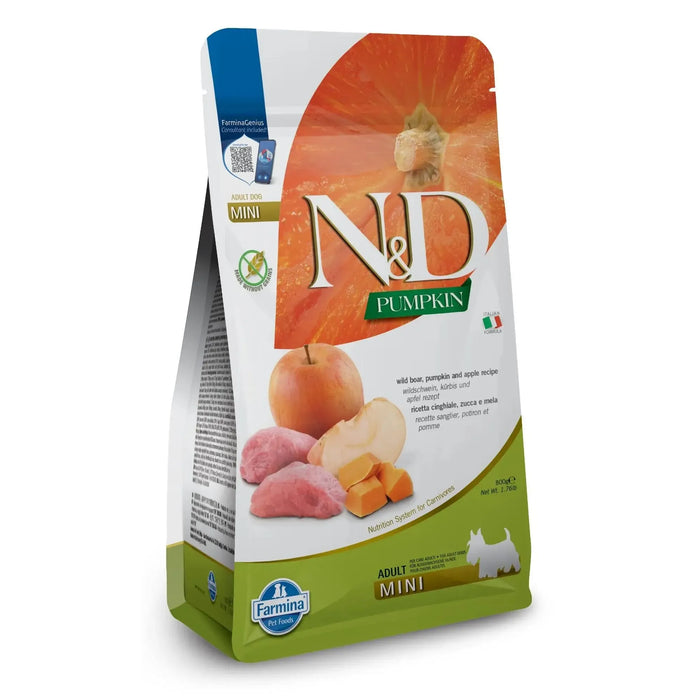 800g bag of N&D Pumpkin Adult Mini dog food featuring boar and apple imagery on a white and green stand-up pouch.