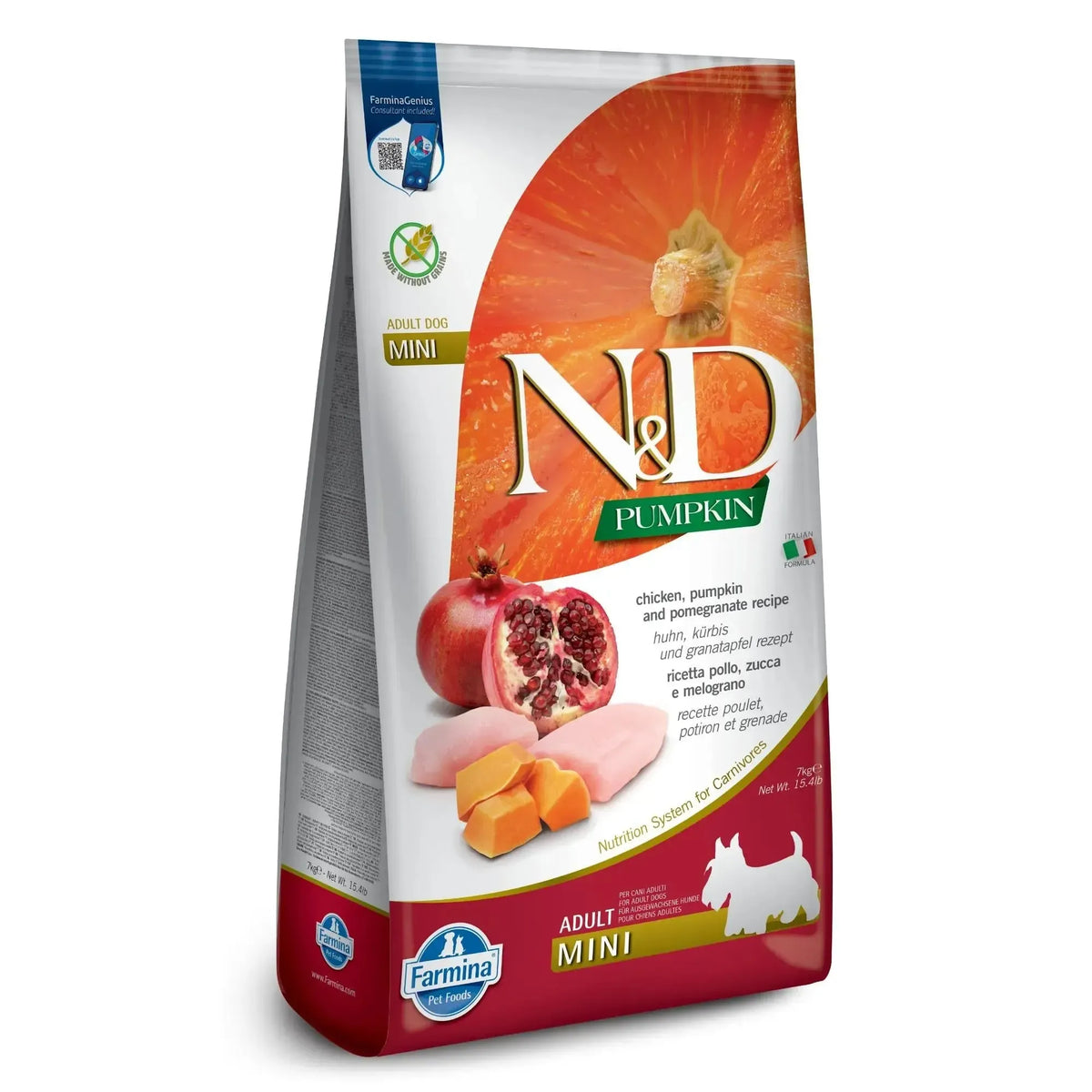7kg bag of Farmina N&D Pumpkin grain-free adult mini dog food with chicken and pomegranate imagery.