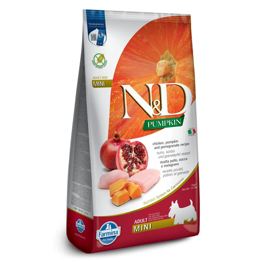 7kg bag of Farmina N&D Pumpkin grain-free adult mini dog food with chicken and pomegranate imagery.