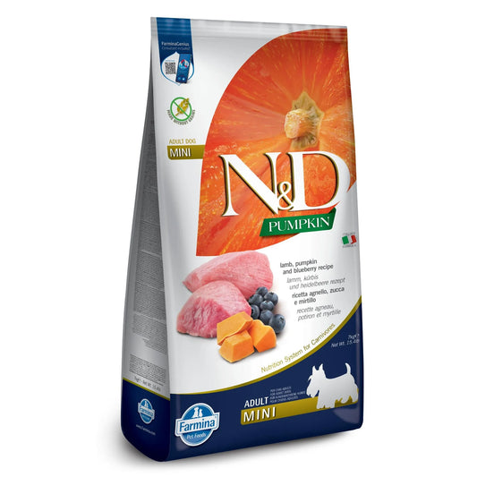 7kg bag of Farmina N&D Pumpkin Adult Mini dog food featuring lamb, pumpkin, and blueberry imagery on white packaging.