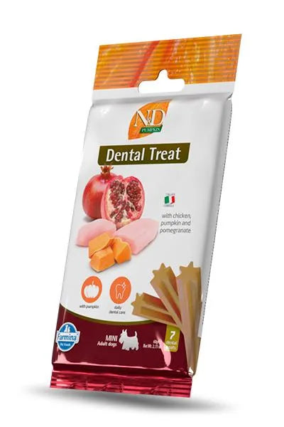 N&D Pumpkin Dental Treat for mini dogs in a 60g white pouch featuring chicken, pumpkin, and pomegranate illustrations.