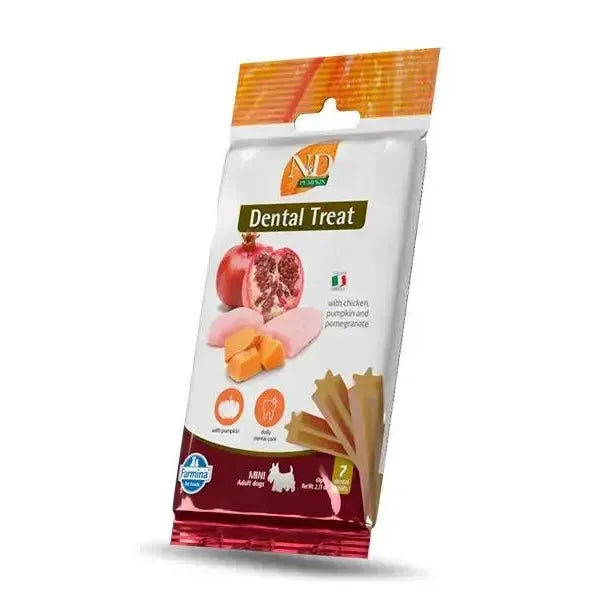 N&D Pumpkin Dental Treat for mini dogs in a 60g white pouch featuring chicken, pumpkin, and pomegranate illustrations.