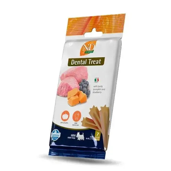 Farmina N&D Pumpkin Lamb Mini dental treat bag featuring illustrations of lamb, pumpkin, and blueberries.