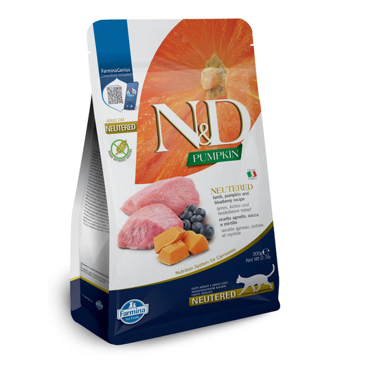 300g bag of N&D Pumpkin Neutered cat food featuring lamb, pumpkin, and blueberry imagery on a white and blue package.