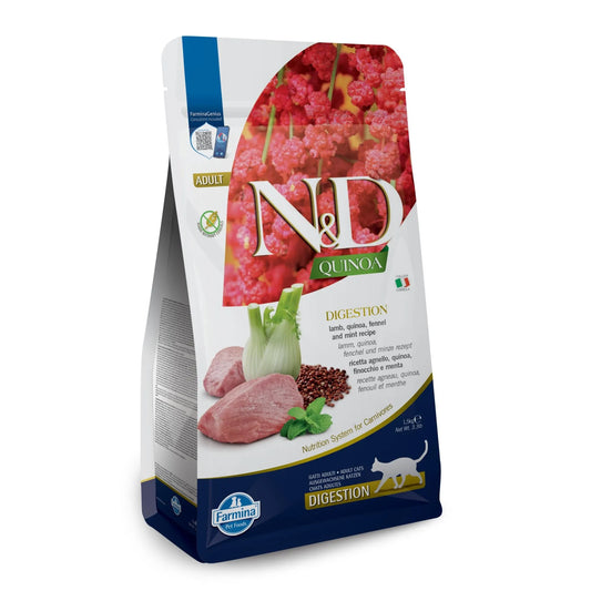 1.5kg bag of Farmina N&D Quinoa Digestion cat food featuring lamb, fennel, and mint imagery on a white and blue pouch.
