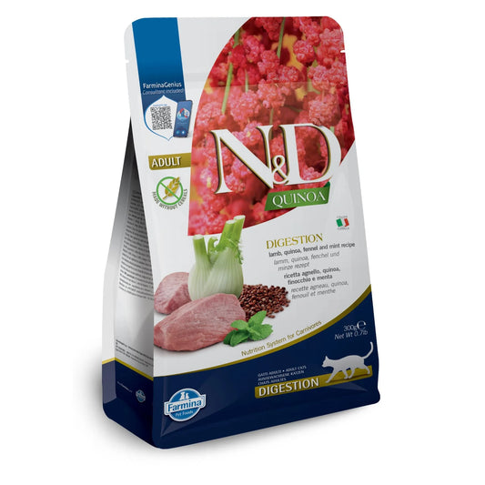 300g bag of Farmina N&D Quinoa Digestion cat food featuring images of lamb, fennel, and quinoa on a white and blue pouch.