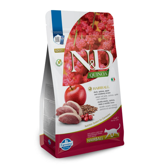 1.5kg bag of Farmina N&D Quinoa Hairball cat food featuring images of duck, red apple, and cranberries on white packaging.