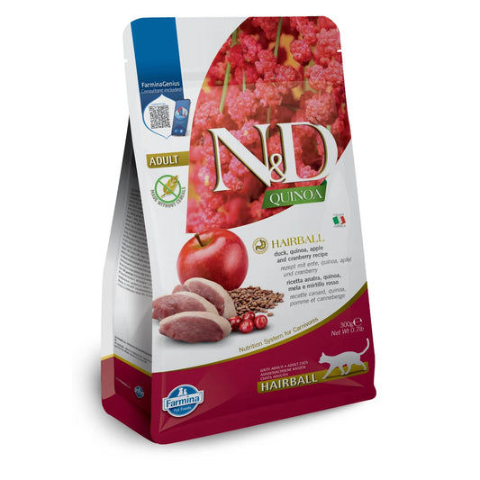 300g bag of Farmina N&D Quinoa Hairball cat food featuring images of duck, apple, and quinoa on a white background.