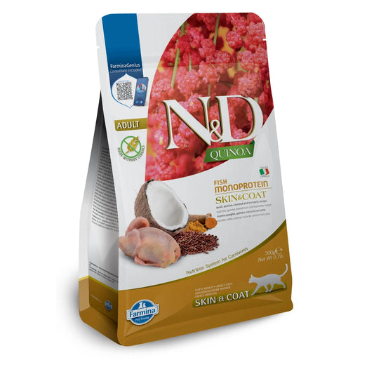N&D Quinoa Skin & Coat Quail cat food 300g bag featuring images of quail, coconut, and quinoa on a white and gold pouch.