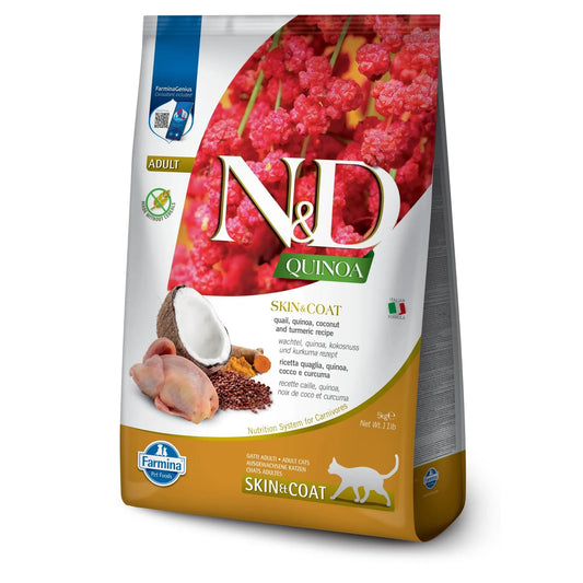 5kg bag of Farmina N&D Quinoa Skin & Coat cat food featuring quail, coconut, and turmeric imagery on white and gold packaging.