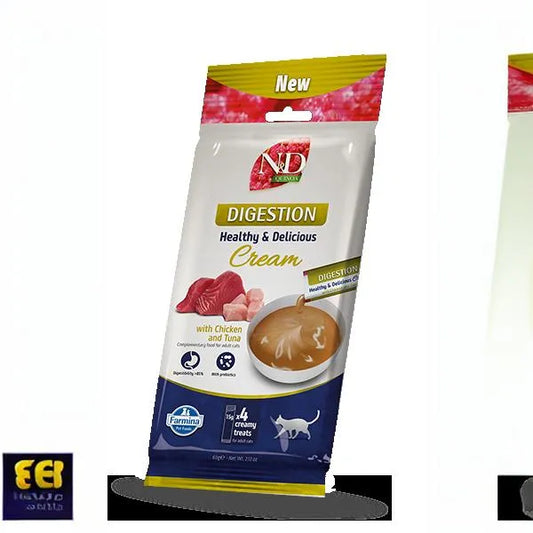N&D Quinoa Digestion Cream for cats in a 60g white and blue pouch featuring chicken and tuna imagery.