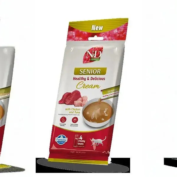 N&D Quinoa Senior cat cream treat pouch, 60g, featuring chicken and tuna imagery on a white and red branded package.