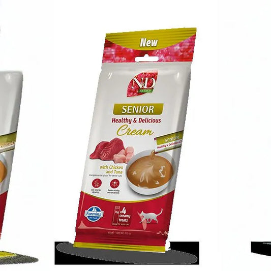 N&D Quinoa Senior cat cream treat pouch, 60g, featuring chicken and tuna imagery on a white and red branded package.
