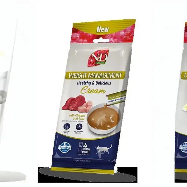 N&D Quinoa Weight Management cream treat pouch featuring chicken and tuna imagery on a white and blue 60g package.