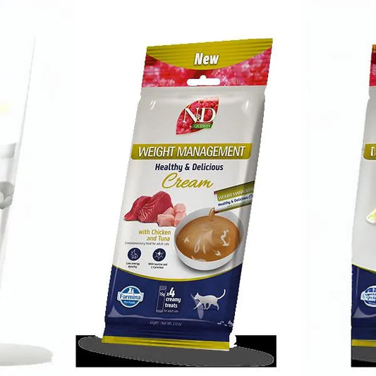 N&D Quinoa Weight Management cream treat pouch featuring chicken and tuna imagery on a white and blue 60g package.