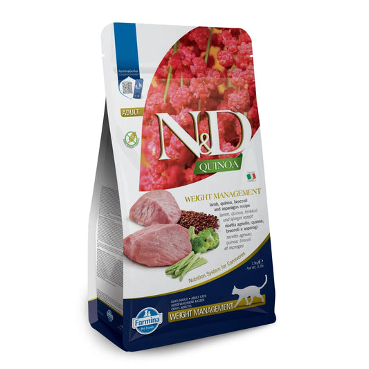 1.5kg bag of Farmina N&D Quinoa Weight Management cat food featuring images of lamb, broccoli, and asparagus.