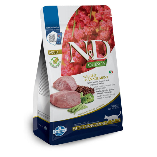 300g bag of Farmina N&D Quinoa Weight Management cat food featuring images of lamb, quinoa, broccoli, and asparagus.
