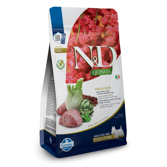 800g bag of N&D Quinoa Adult Mini Lamb Digestion dog food featuring images of fresh lamb, fennel, and artichoke.
