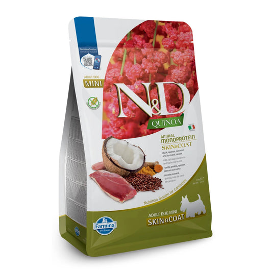 2.5kg bag of Farmina N&D Quinoa Adult Mini Skin & Coat dog food featuring duck, coconut, and turmeric imagery.