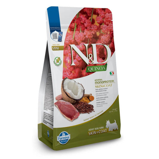 800g bag of Farmina N&D Quinoa Adult Mini dog food with duck, coconut, and turmeric imagery on a green base.
