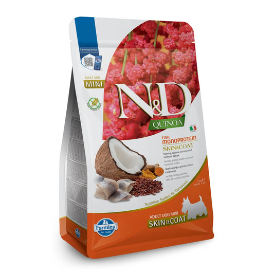 2.5kg bag of Farmina N&D Quinoa Adult Mini Skin & Coat dog food featuring herring, coconut, and turmeric imagery.