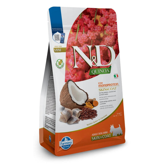 800g bag of Farmina N&D Quinoa Skin & Coat dog food featuring herring, coconut, and turmeric imagery.