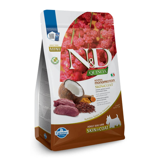 2.5kg bag of Farmina N&D Quinoa Skin & Coat venison dog food featuring imagery of raw meat, coconut, and quinoa.