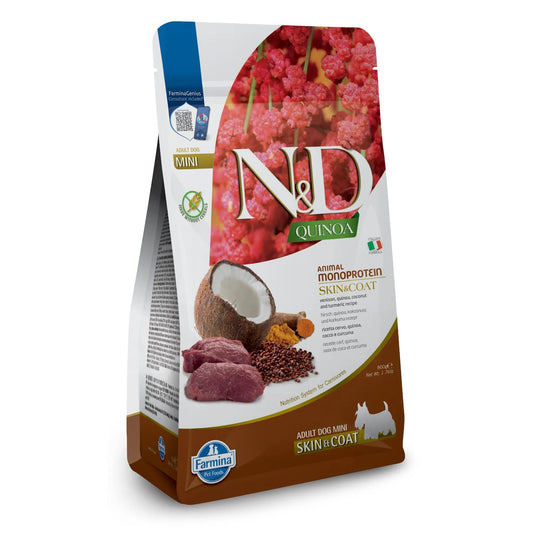 800g bag of Farmina N&D Quinoa Skin & Coat venison dog food featuring images of fresh venison, coconut, and quinoa.