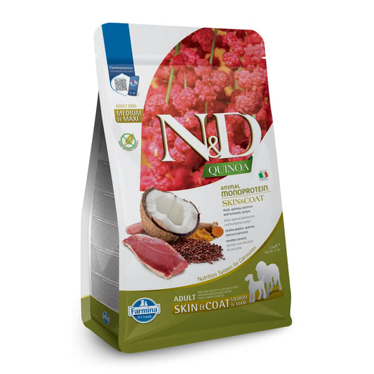 2.5kg bag of Farmina N&D Quinoa Skin & Coat dog food featuring duck, coconut, and turmeric imagery on white packaging.