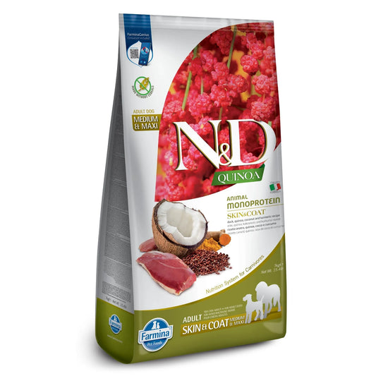 7kg bag of Farmina N&D Quinoa Skin and Coat adult dog food featuring duck, coconut, and turmeric imagery.