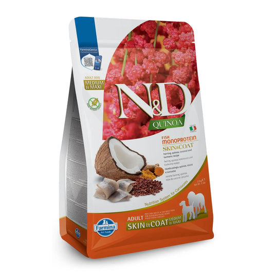 2.5kg bag of Farmina N&D Quinoa Skin & Coat dog food featuring herring, coconut, and turmeric imagery.