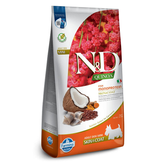 7kg bag of Farmina N&D Quinoa Skin and Coat adult dog food featuring herring, coconut, and turmeric imagery.