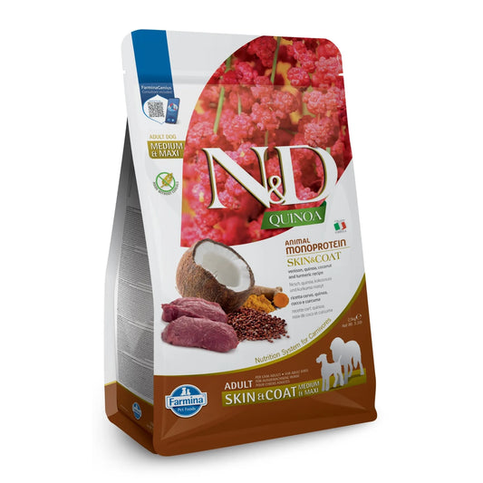 2.5kg bag of Farmina N&D Quinoa Venison Skin and Coat adult dog food featuring images of fresh meat, coconut, and quinoa.