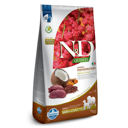 7kg bag of Farmina N&D Quinoa Skin & Coat venison dog food featuring images of fresh venison, coconut, and quinoa.