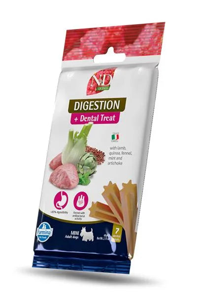 N&D Quinoa Digestion Mini dog treat bag featuring lamb, fennel, and artichoke imagery with star-shaped dental sticks.