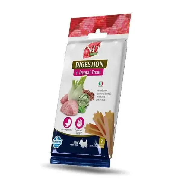 N&D Quinoa Digestion Mini dog treat bag featuring lamb, fennel, and artichoke imagery with star-shaped dental sticks.