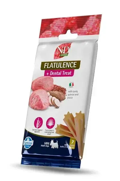 N&D Quinoa Flatulence Mini 60g dog treat bag featuring lamb, quinoa, and star-shaped dental sticks on white packaging.