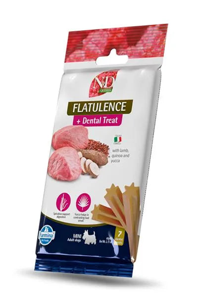 N&D Quinoa Flatulence Mini 60g dog treat bag featuring lamb, quinoa, and star-shaped dental sticks on white packaging.
