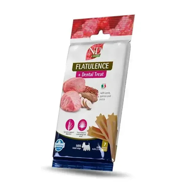 N&D Quinoa Flatulence Mini 60g dog treat bag featuring lamb, quinoa, and star-shaped dental sticks on white packaging.