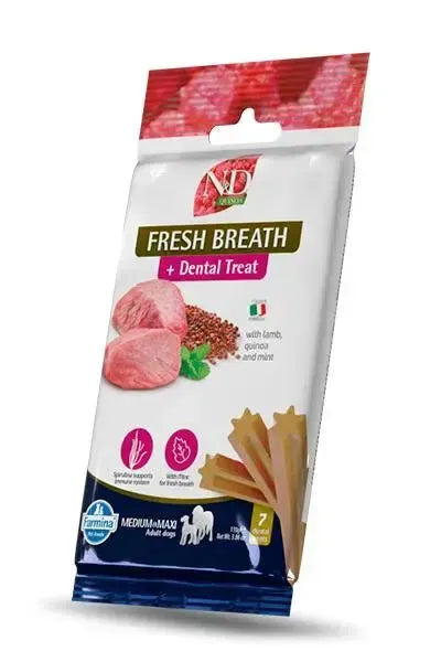 N&D Quinoa Fresh Breath dental treat bag for medium and maxi dogs featuring lamb, quinoa, and mint imagery.