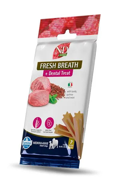 N&D Quinoa Fresh Breath dental treat bag for medium and maxi dogs featuring lamb, quinoa, and mint imagery.