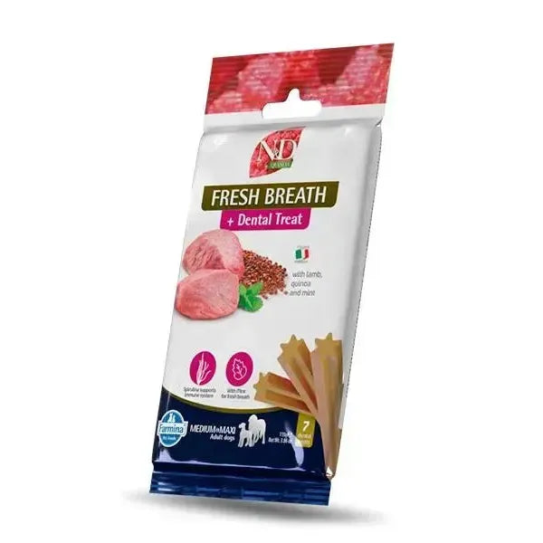 N&D Quinoa Fresh Breath dental treat bag for medium and maxi dogs featuring lamb, quinoa, and mint imagery.