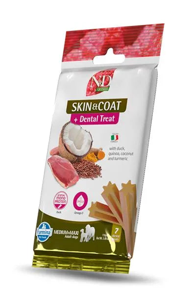 N&D Quinoa Skin & Coat duck dental treat bag for medium and maxi dogs, featuring images of duck, coconut, and quinoa.