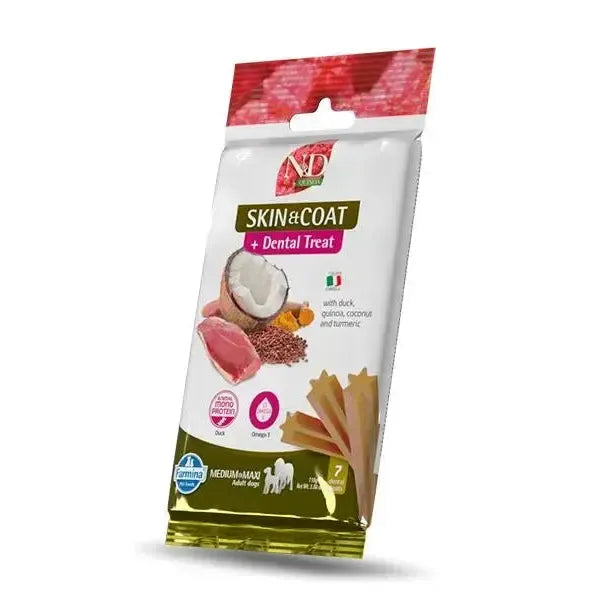 N&D Quinoa Skin & Coat duck dental treat bag for medium and maxi dogs, featuring images of duck, coconut, and quinoa.