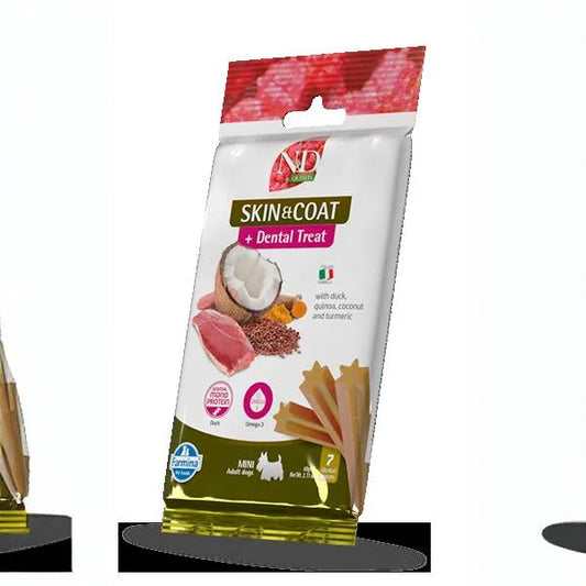 N&D Quinoa Skin & Coat Duck Mini 60g treat bag featuring images of duck, coconut, and star-shaped dental chews.
